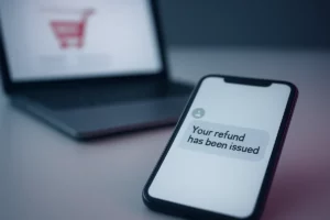 A smartphone showing a suspicious refund text message from an unknown sender