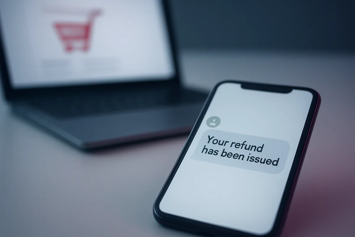 A smartphone showing a suspicious refund text message from an unknown sender