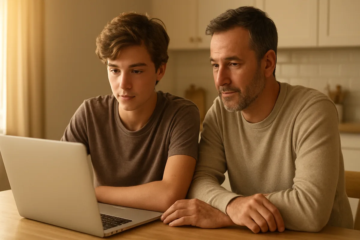 A parent and teenager looking at a laptop together at a kitchen table