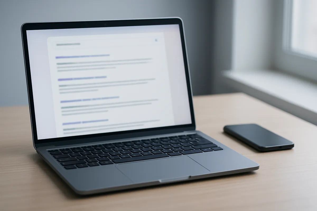 A laptop showing a blurred search results page next to a face-down phone