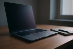 A closed-screen laptop on a wooden desk with its side cooling vent visible