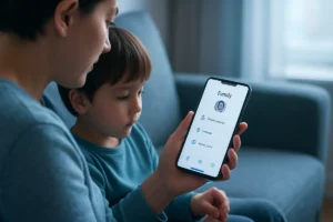 A parent and child looking at an Android phone showing a family settings dashboard