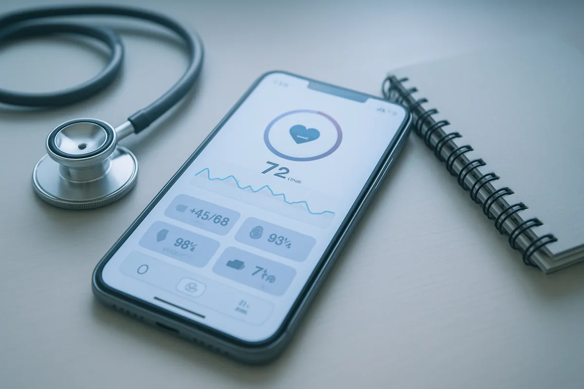 A phone showing a health app dashboard beside a stethoscope on a light desk
