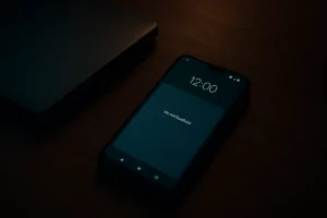 Smartphone on a desk displaying an account notification in a dimly lit room