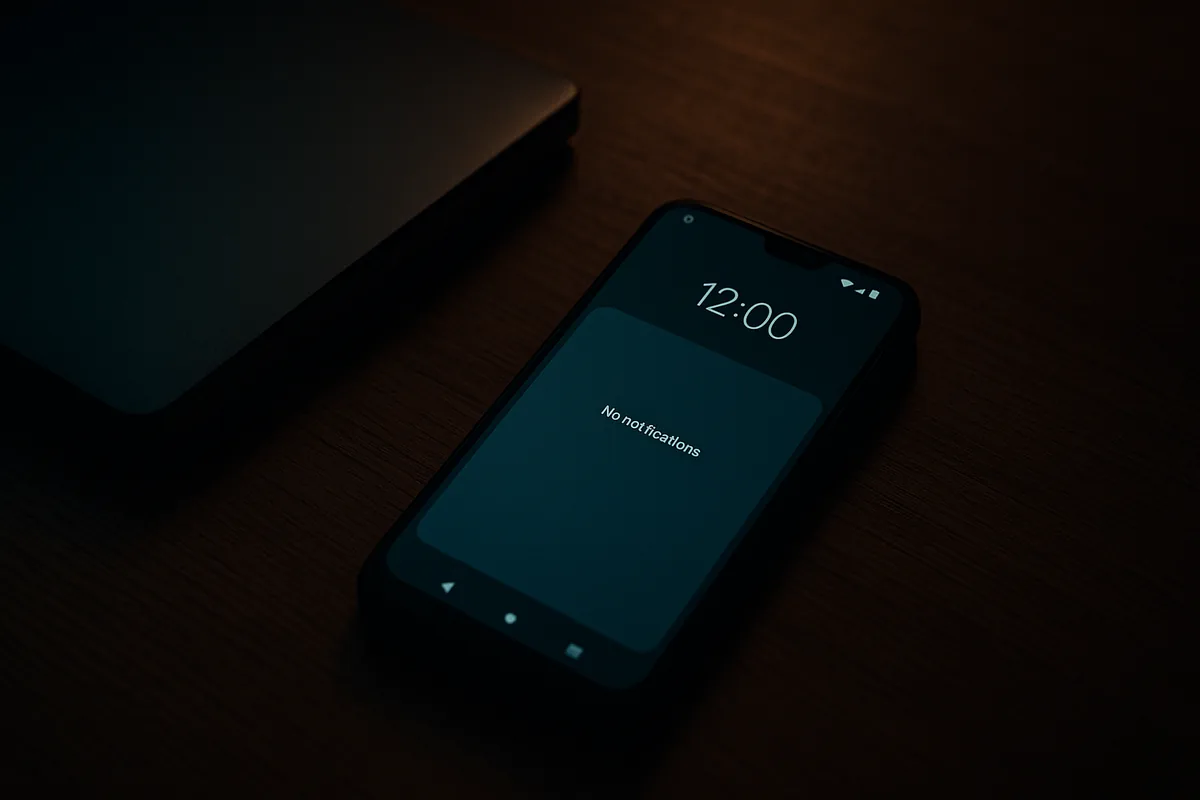 Smartphone on a desk displaying an account notification in a dimly lit room