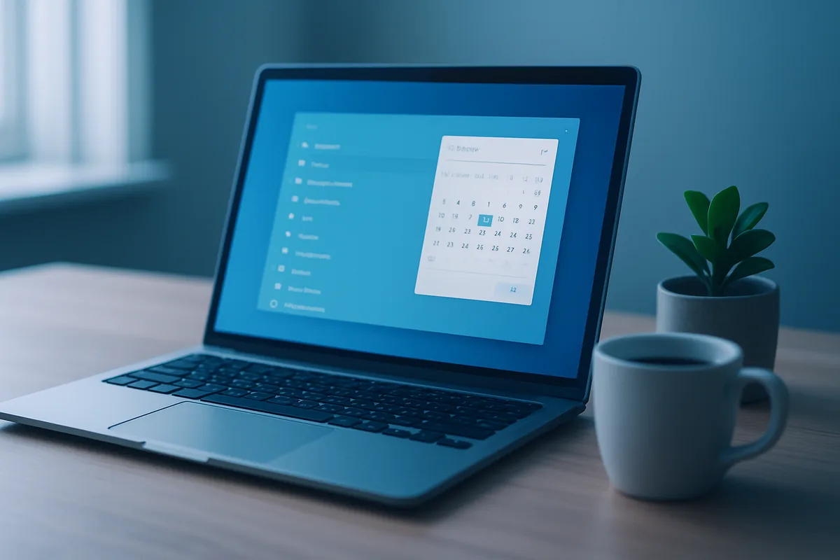A laptop showing a Windows settings screen with a calendar control in soft daylight