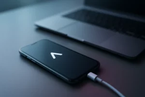 A smartphone showing a startup logo screen connected to a laptop by a USB-C cable