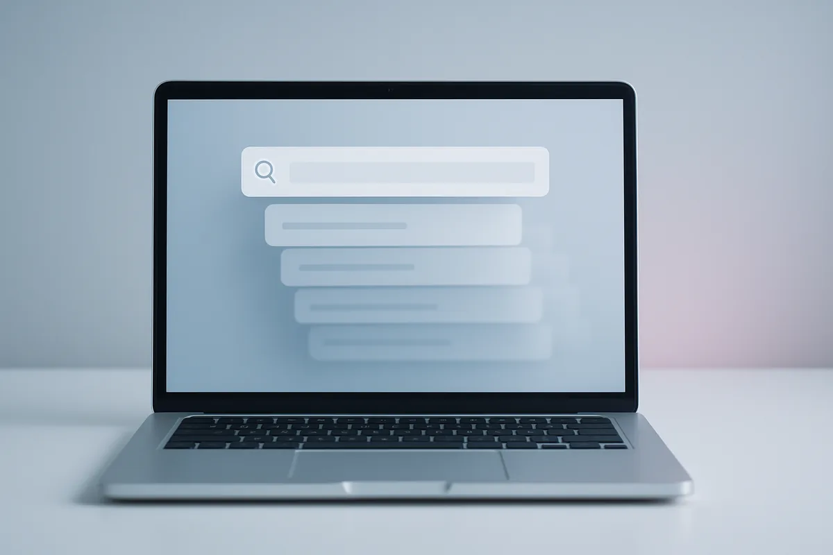 Laptop screen showing a search interface with layered conversation results
