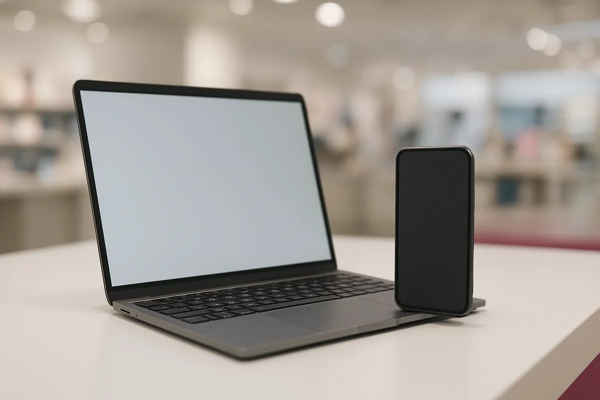 A laptop and smartphone side by side on a bright retail counter