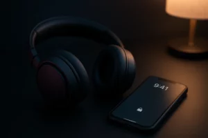 Headphones on a dark desk next to a phone showing a locked screen