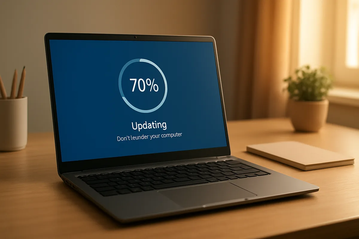 Laptop showing a Windows update installing on a desk in morning light