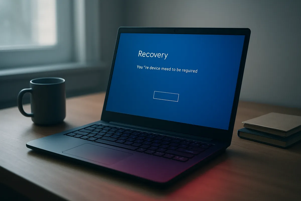 A laptop on a desk displaying a blue Windows recovery menu in morning light