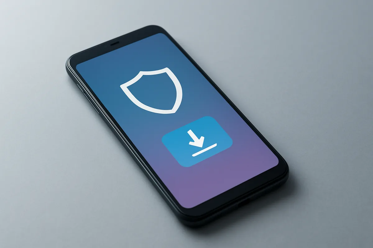 An Android phone showing a system security update screen with a shield icon