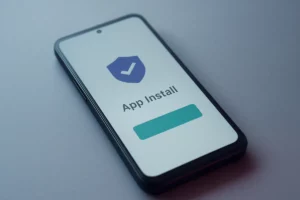 An Android phone showing an app install screen with a verification shield icon