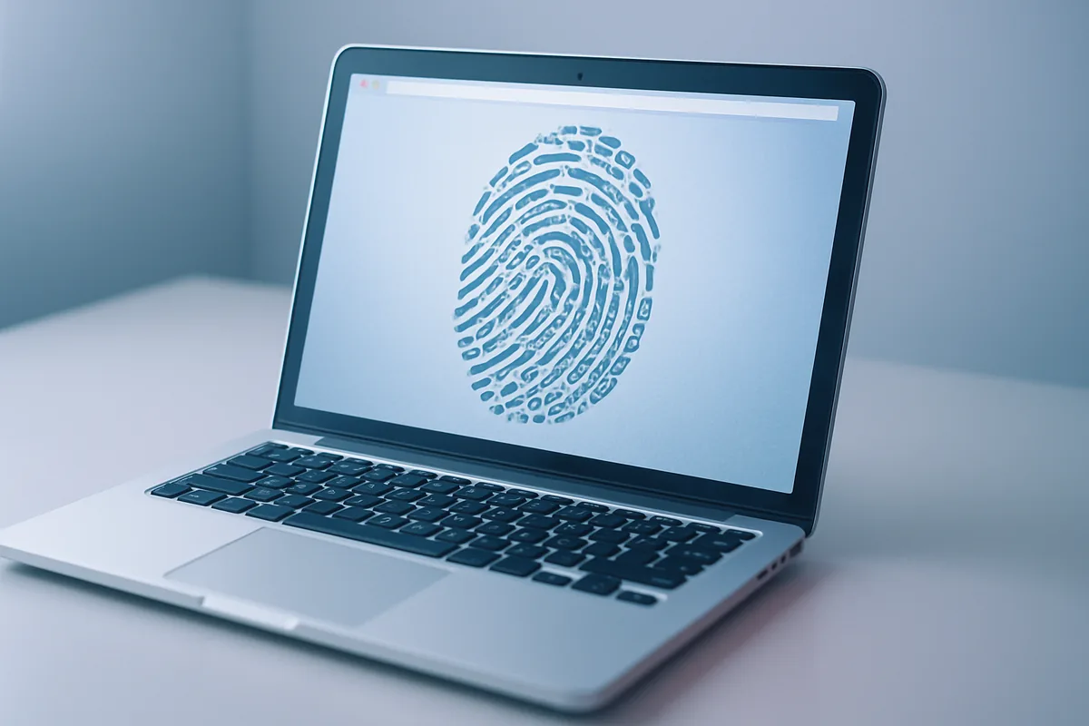 A laptop browser window overlaid with a fingerprint made of small device icons
