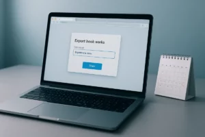 A laptop showing a browser bookmarks export dialog before a deadline