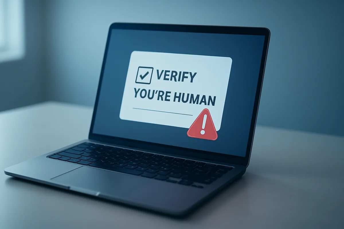 A laptop showing a fake human-verification box with a warning symbol