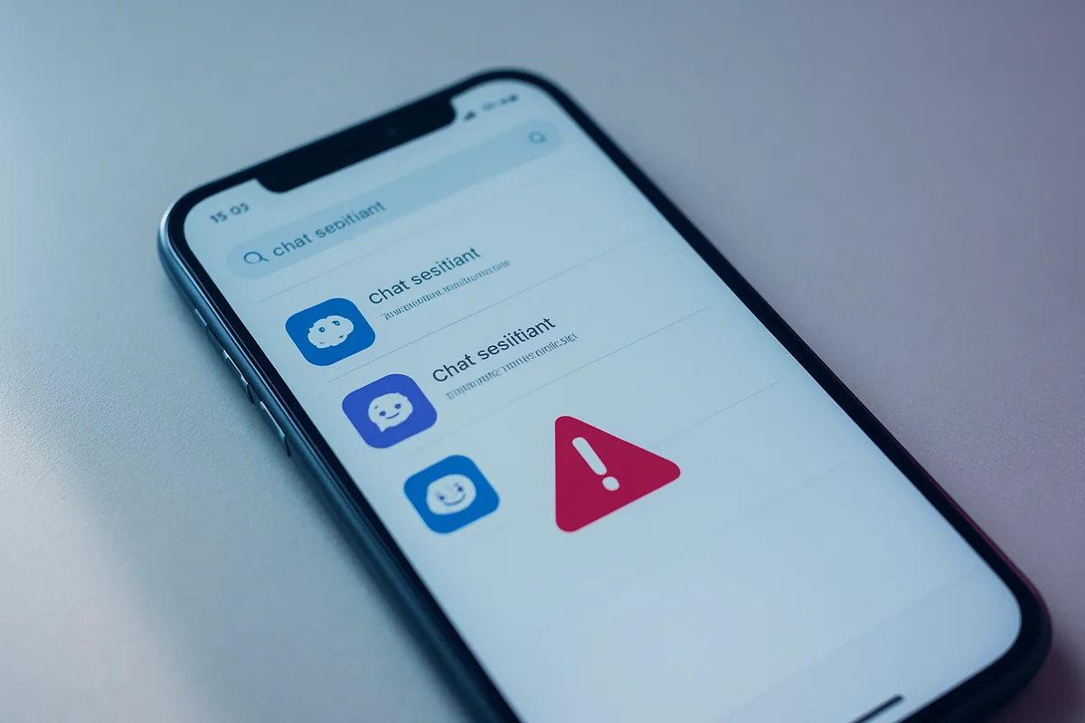 A phone showing an app store search with a warning symbol over one result