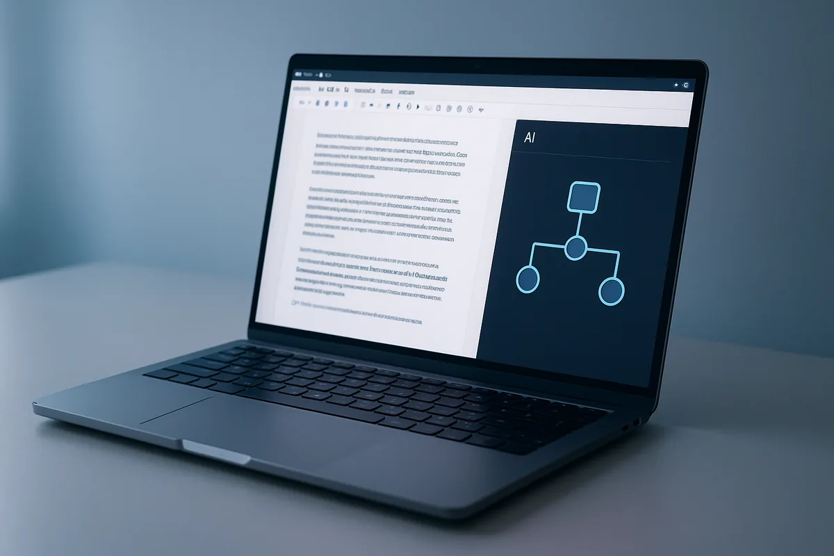 A laptop showing a document editor with an AI side panel generating a diagram
