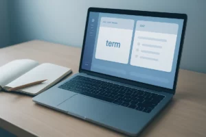 A laptop showing a study app with flashcards and a quiz on a student's desk