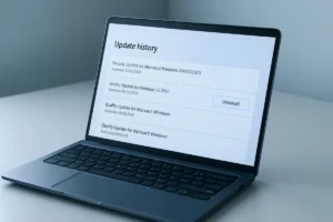 A laptop showing the Windows Update history screen with an uninstall option