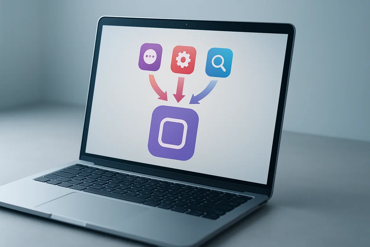 A laptop showing several assistant app icons merging into one larger app icon