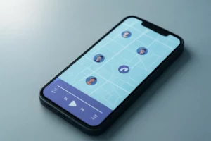 A phone showing a map with music-note icons over friend avatars and a track bar