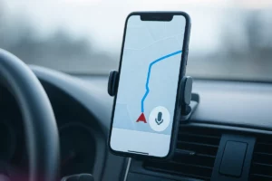 A phone in a car cradle showing a navigation app with a route and voice toggle