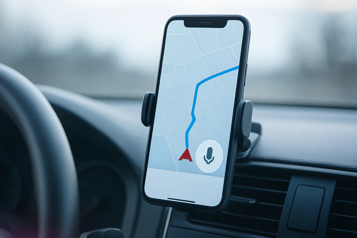 A phone in a car cradle showing a navigation app with a route and voice toggle