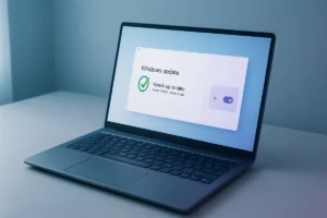 A laptop showing the Windows Update screen marked up to date beside a settings toggle