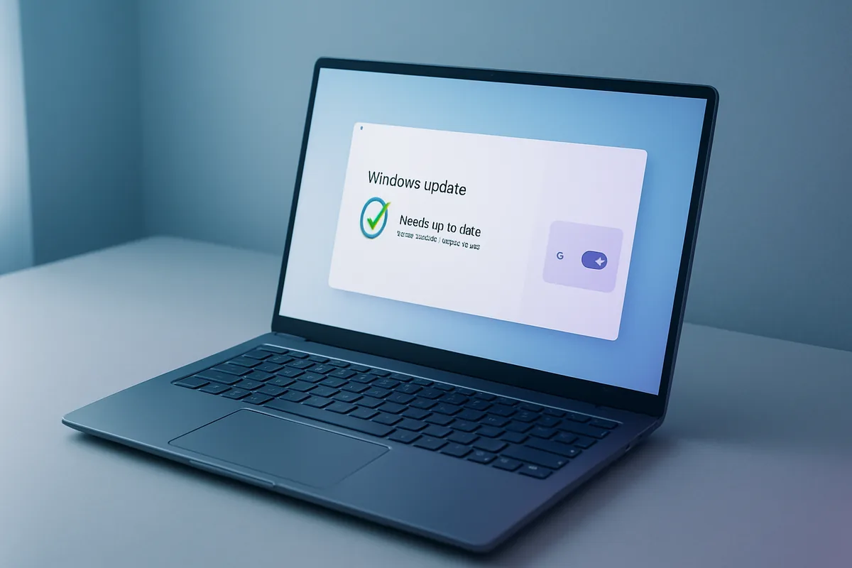 A laptop showing the Windows Update screen marked up to date beside a settings toggle