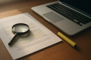 Printed essay with highlighted lines next to a laptop and magnifying glass
