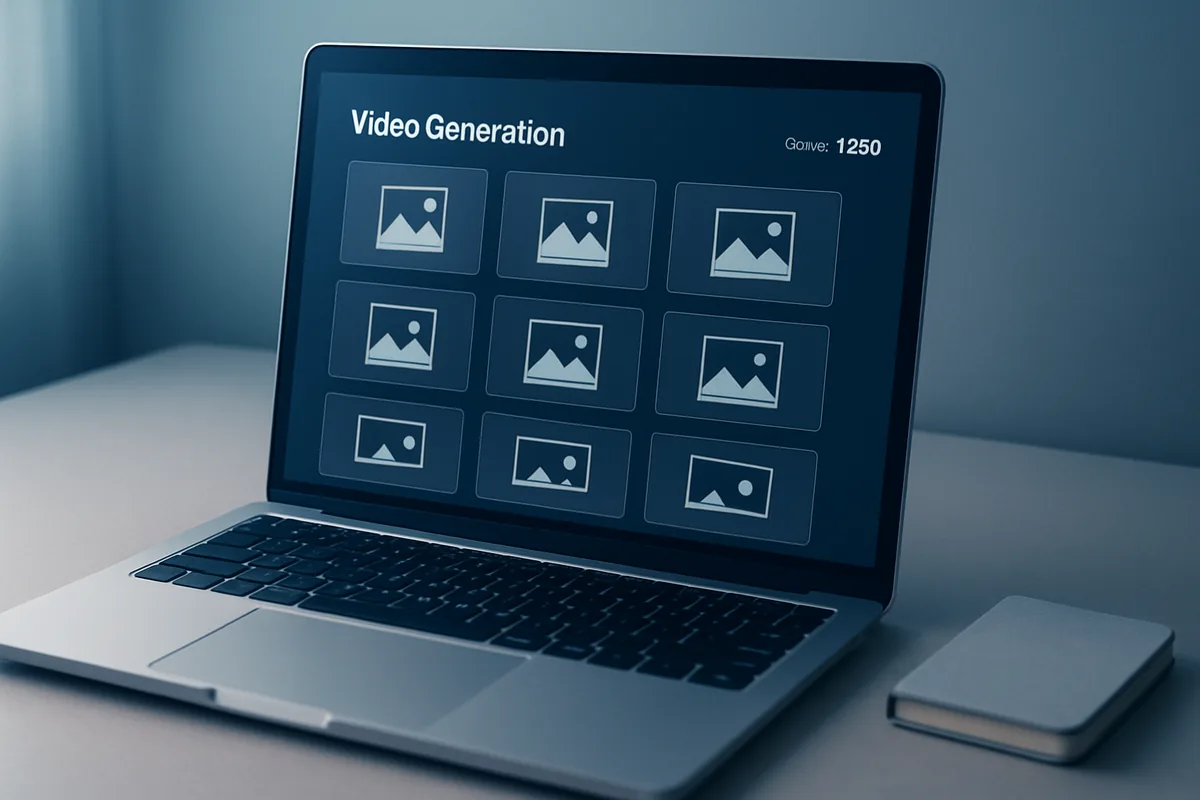 A laptop showing an AI video interface with camera-movement presets and a credit counter