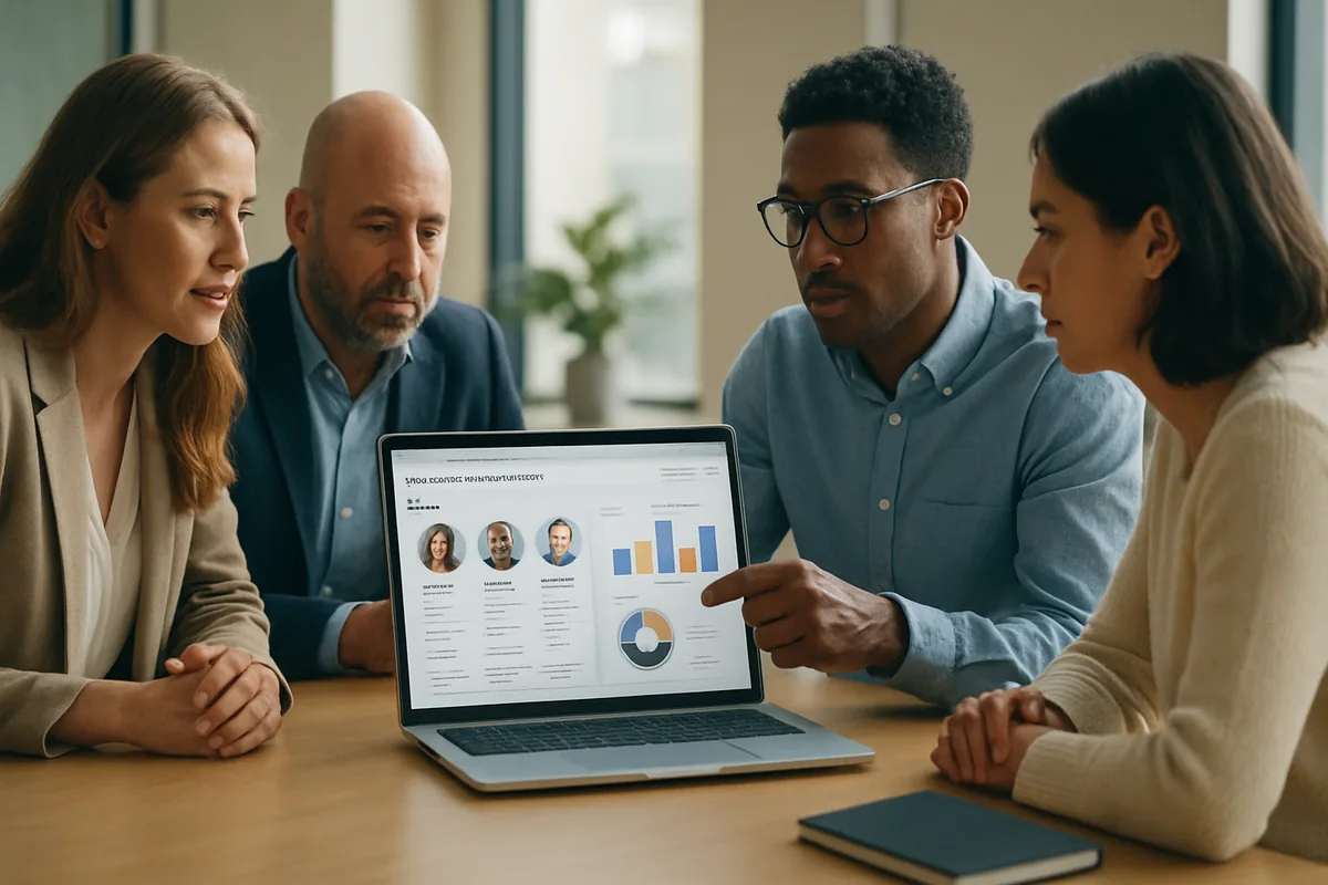 Leadership team reviewing an AI-powered faith-based executive search dashboard