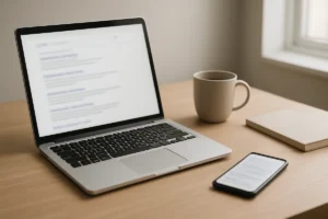 Laptop and smartphone on a desk displaying plain lists of search results