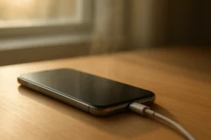 Smartphone warming on a sunlit desk while connected to a charger