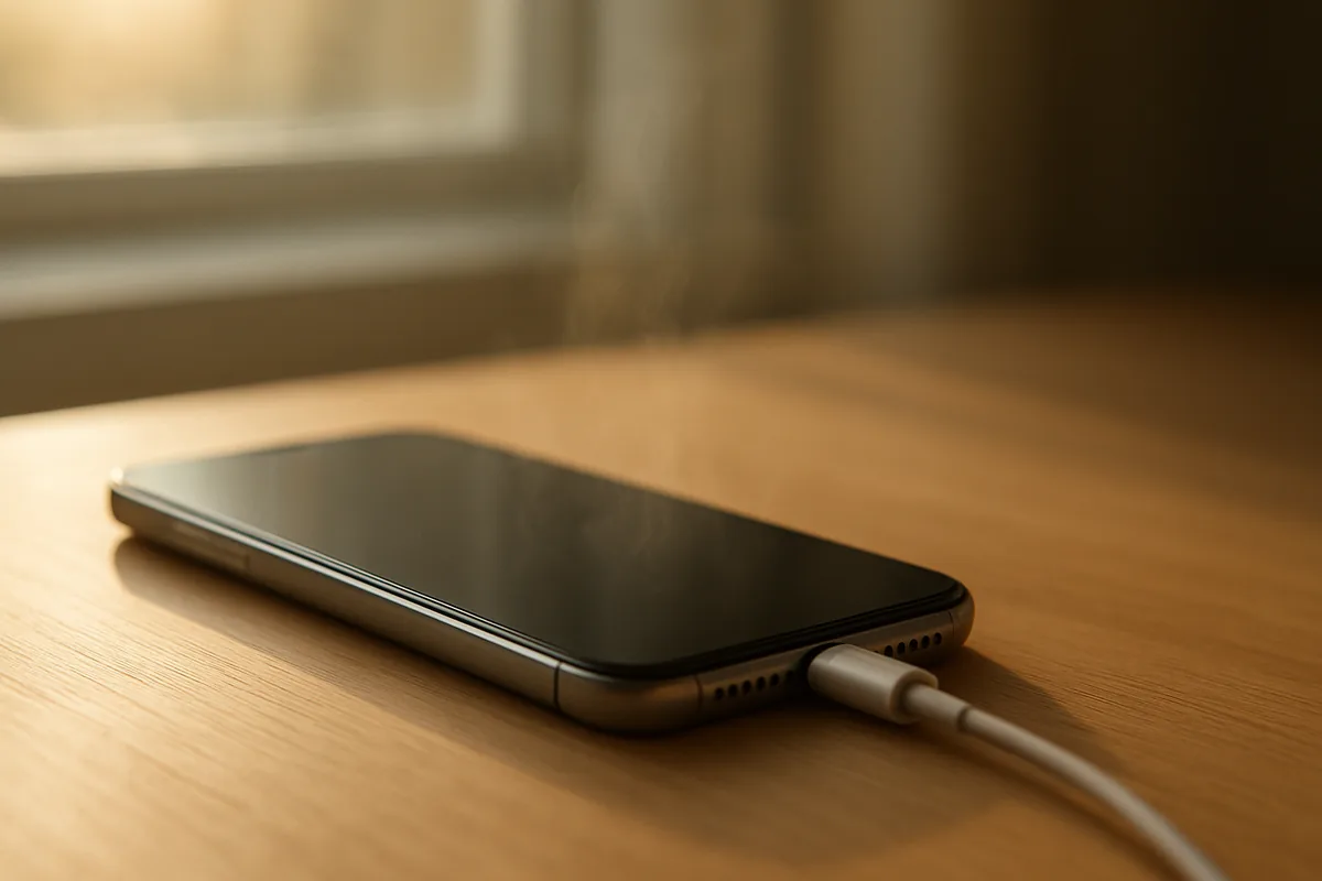Smartphone warming on a sunlit desk while connected to a charger