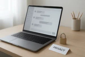 Laptop showing a chat window next to a padlock and a privacy notice on a desk