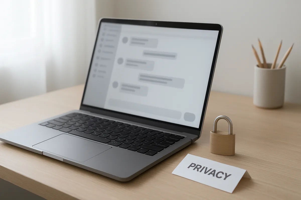 Laptop showing a chat window next to a padlock and a privacy notice on a desk