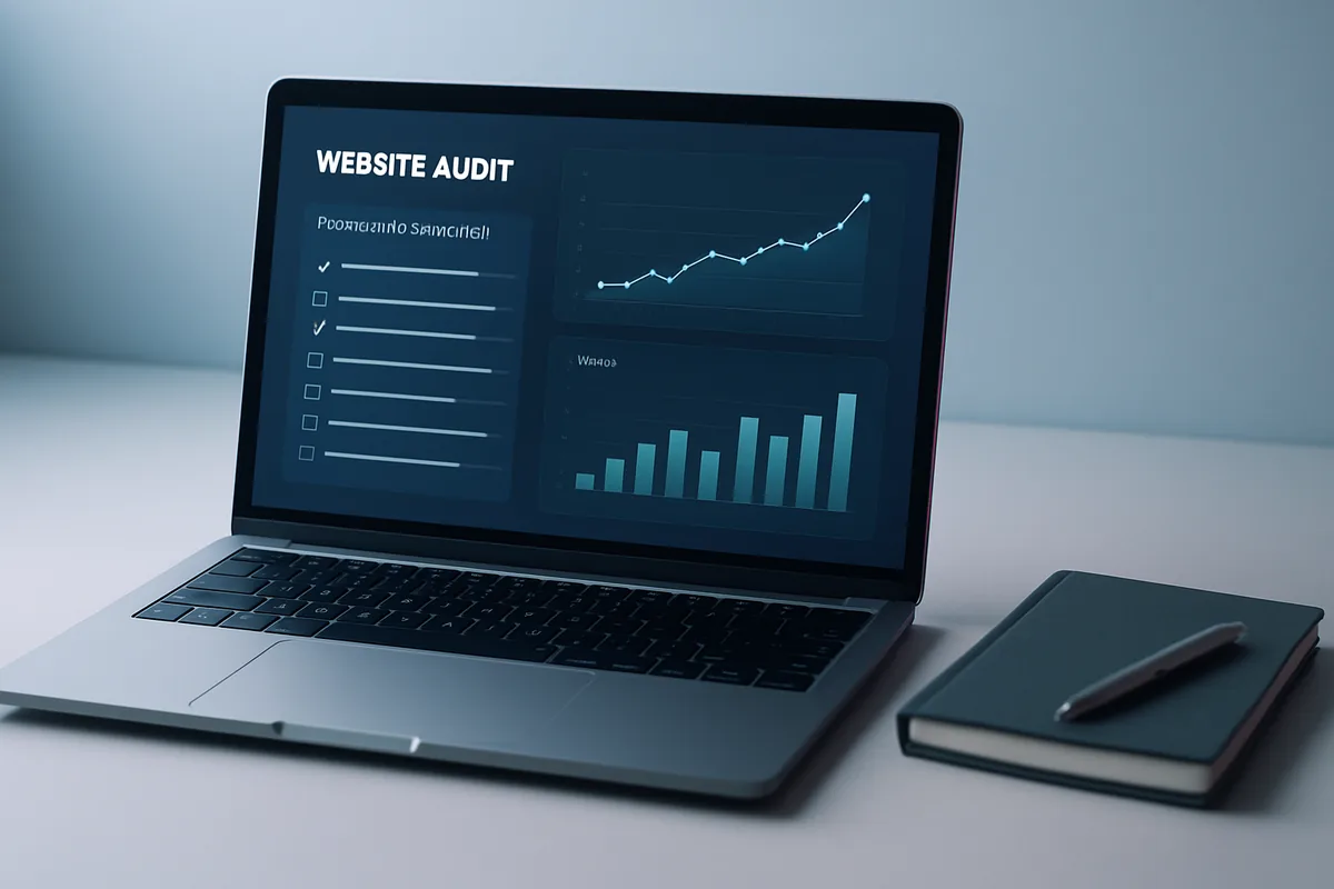 A laptop showing a website audit dashboard with a prioritized checklist