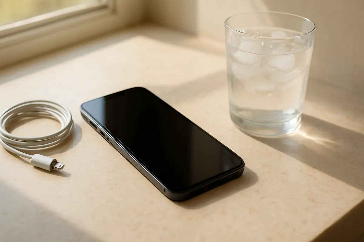 Smartphone resting on a sunlit countertop next to a charging cable and a glass of iced water