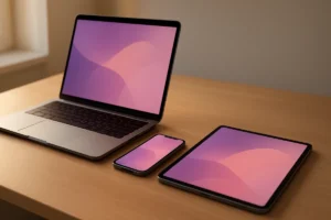 Laptop, phone and tablet on a desk with glowing abstract screens