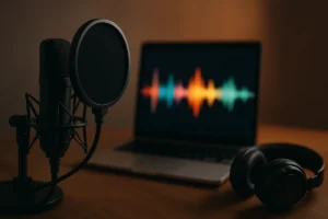 Studio microphone and headphones beside a laptop showing an audio waveform