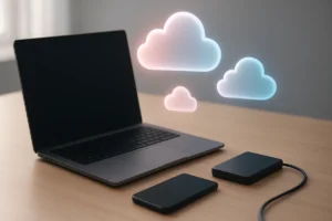 Laptop, phone and external drive on a desk beneath glowing abstract cloud shapes