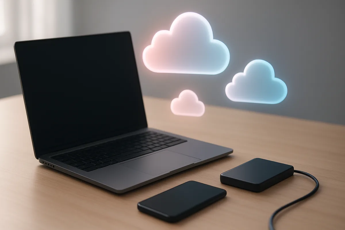 Laptop, phone and external drive on a desk beneath glowing abstract cloud shapes