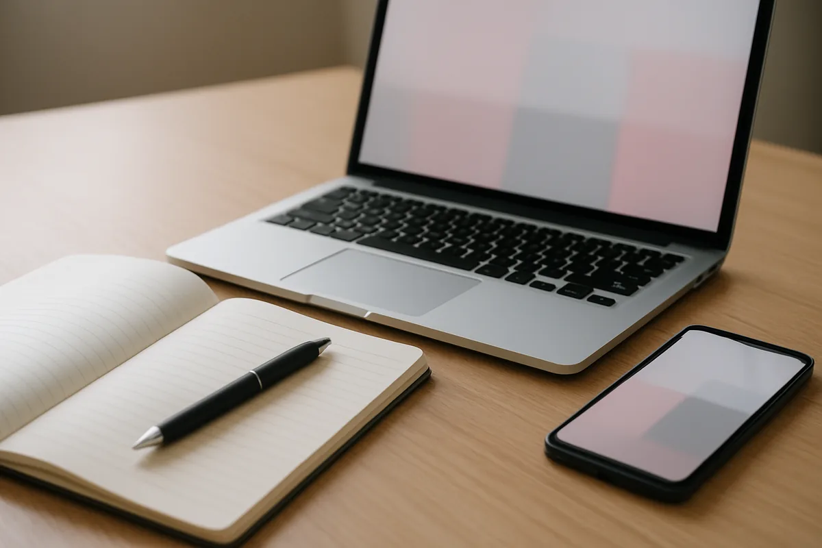 Paper notebook and pen beside a laptop and smartphone on a wooden desk