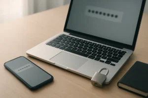 Phone and laptop showing masked passwords next to a padlock on a desk