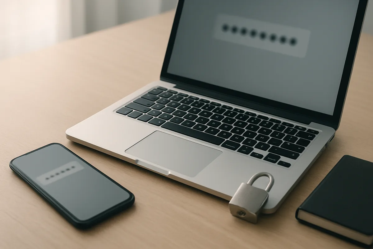 Phone and laptop showing masked passwords next to a padlock on a desk