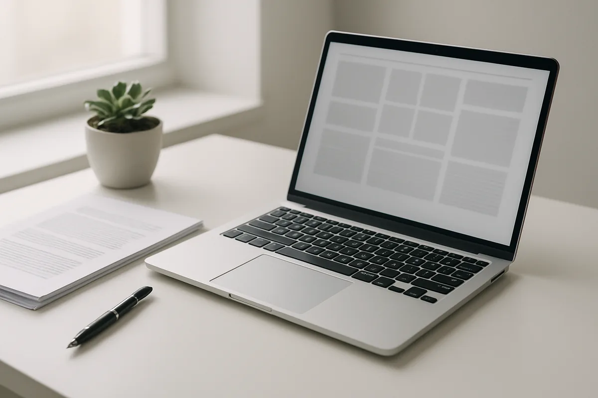 Laptop on a white desk next to printed documents and a fountain pen