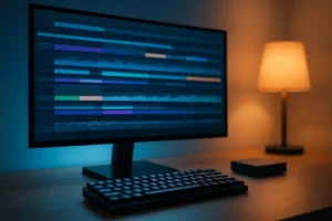 Desktop PC monitor showing an abstract video editing timeline on a desk
